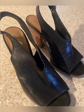 Women’s Lucky Brand Black Leather Slingback Block Heel Sandals (Size 7)